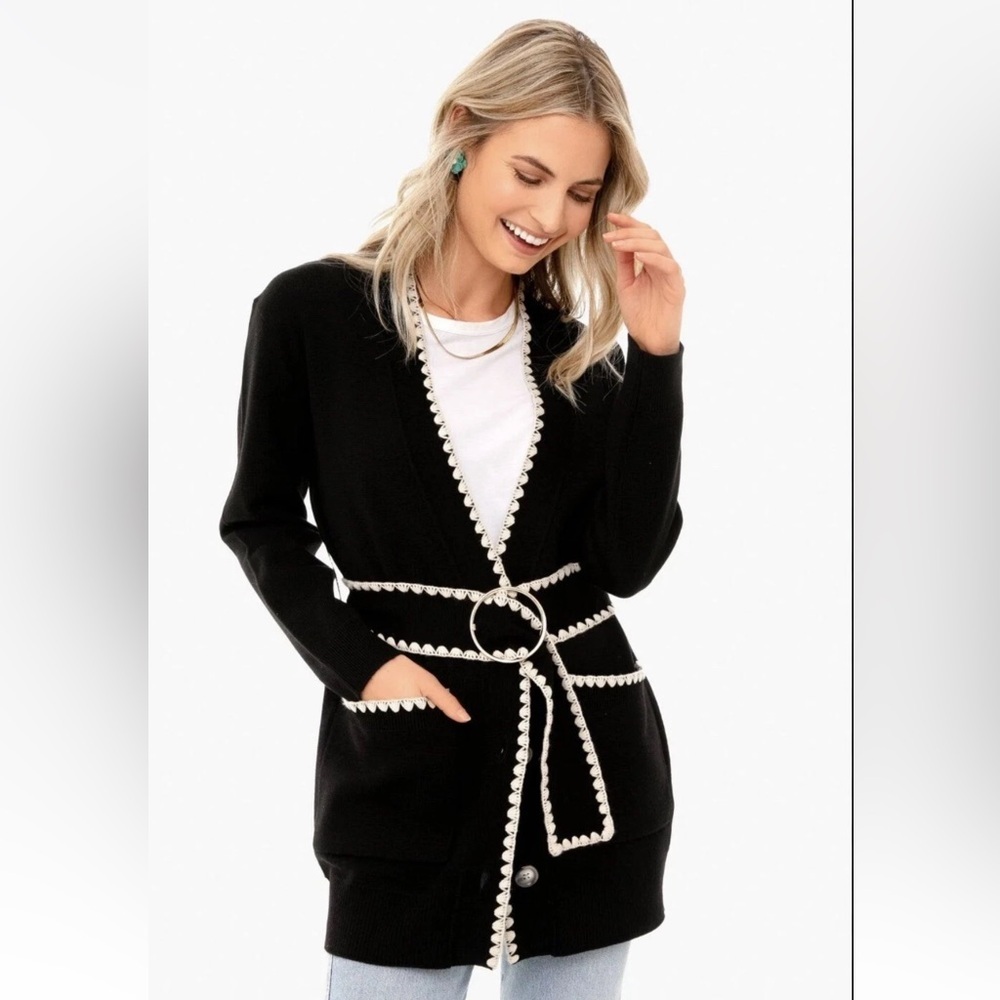 REBECCA TAYLOR Belted Stitched Wool-Blend Cardigan size S